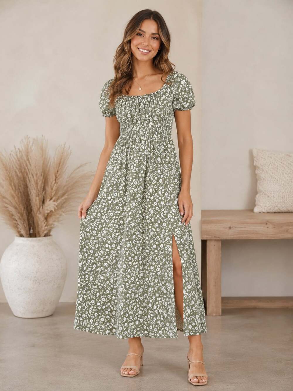 Becool Olive Green Floral Maxi Dress Puff Sleeve Smocked Side Slit Size S